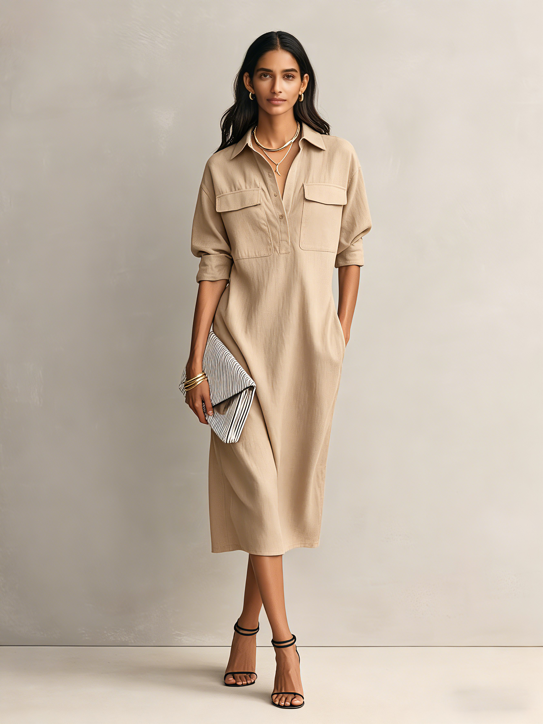 Apricot - Model wearing a relaxed fit collared midi shirtdress with chest pockets and rolled sleeves, styled with gold jewelry and strappy heels