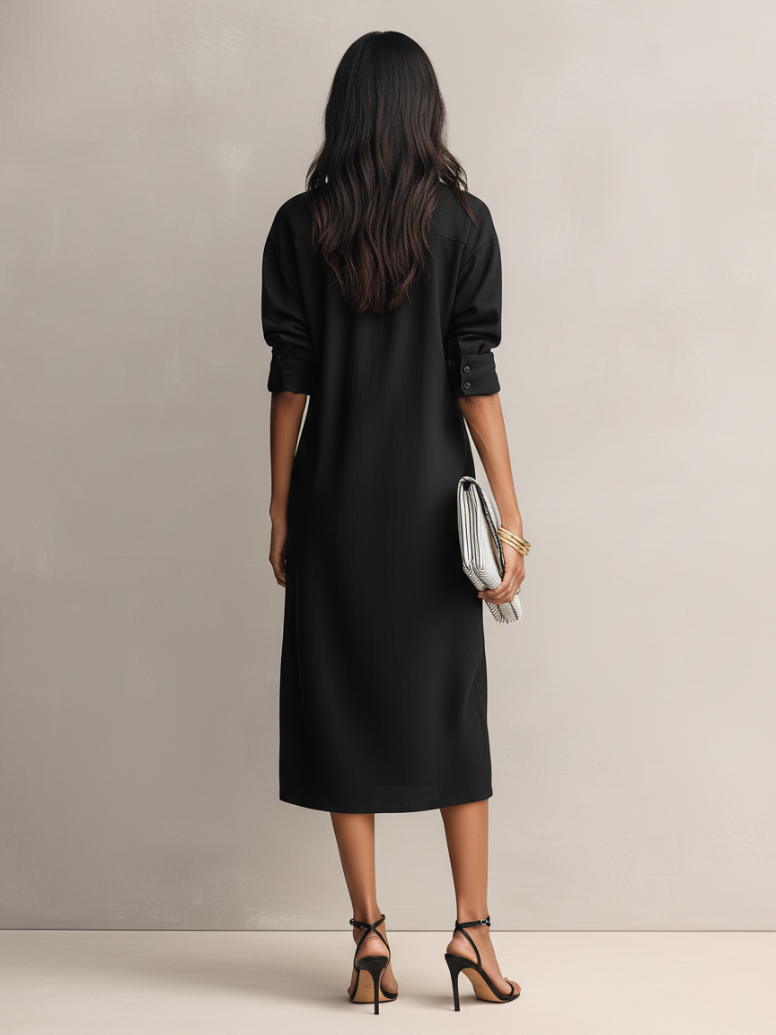 Apricot - Model wearing a relaxed fit collared midi shirtdress with chest pockets and rolled sleeves, styled with gold jewelry and strappy heels