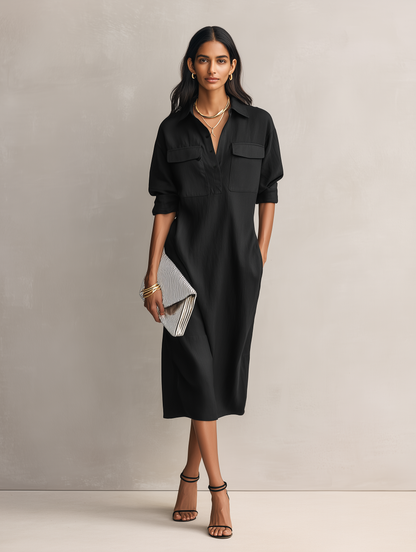 Apricot - Model wearing a relaxed fit collared midi shirtdress with chest pockets and rolled sleeves, styled with gold jewelry and strappy heels