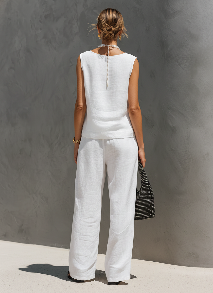 White - A woman wearing a matching sleeveless ruched top with front drawstrings and relaxed wide-leg pants in a textured woven fabric.