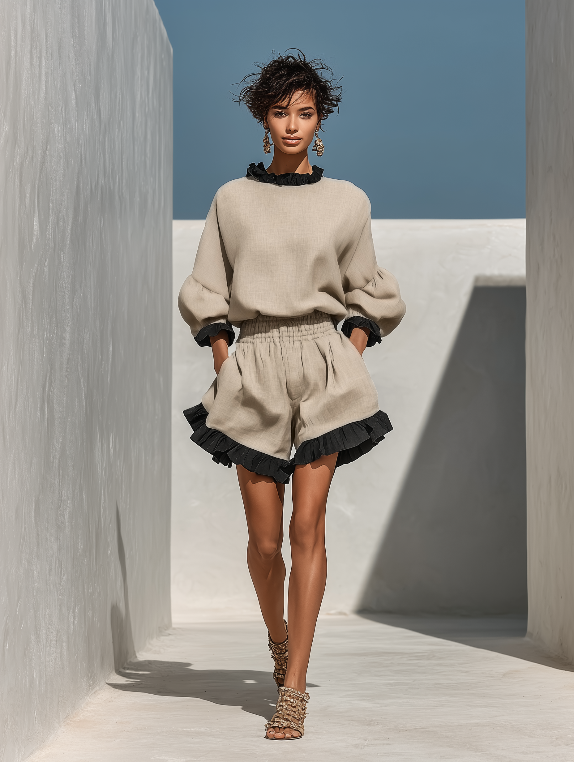 Beige - Woman walking outdoors wearing a woven shorts set featuring a high ruffled neckline, long balloon sleeves, and flared shorts with contrast ruffle trim.