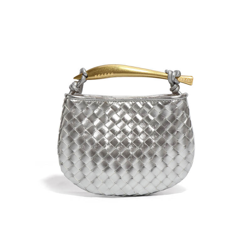 Silver woven hobo bag with gold sculptural handle
