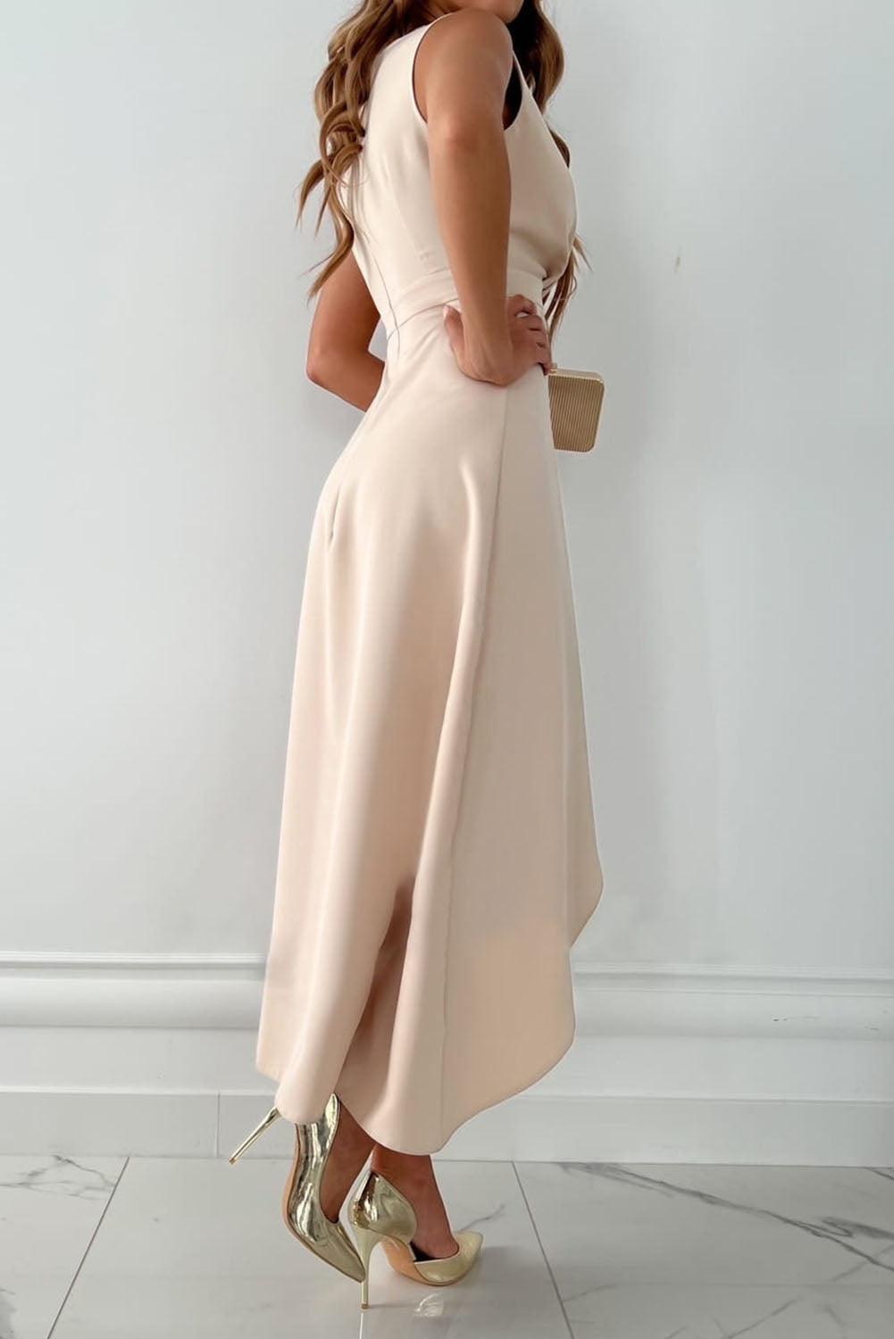 Satin Sleeveless V-Neck Draped Ruffle High-Low Midi Dress – Maisonrae