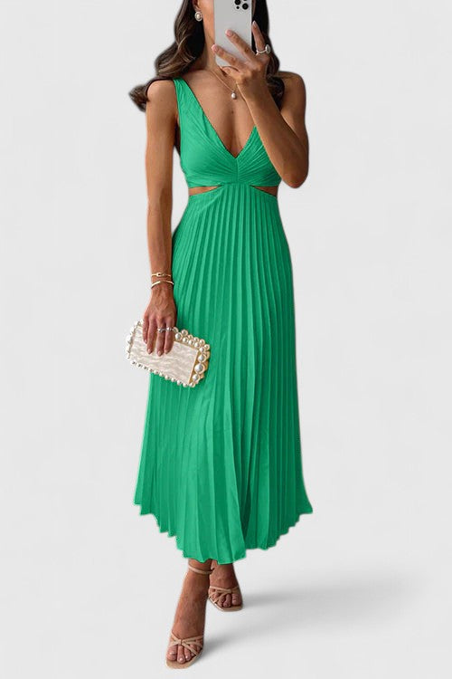 Green - A woman wearing a pale yellow pleated satin midi dress with a plunging V-neckline and side waist cutouts, holding a pearl-embellished clutch.