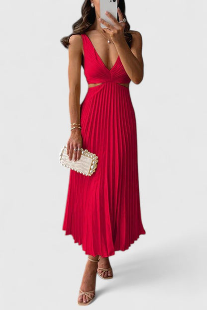 Red - A woman wearing a pale yellow pleated satin midi dress with a plunging V-neckline and side waist cutouts, holding a pearl-embellished clutch.
