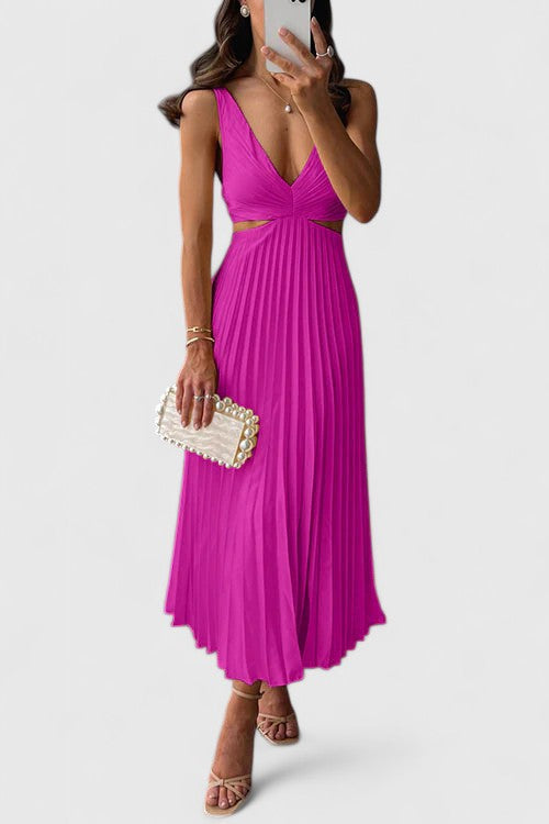 Pink - A woman wearing a pale yellow pleated satin midi dress with a plunging V-neckline and side waist cutouts, holding a pearl-embellished clutch.