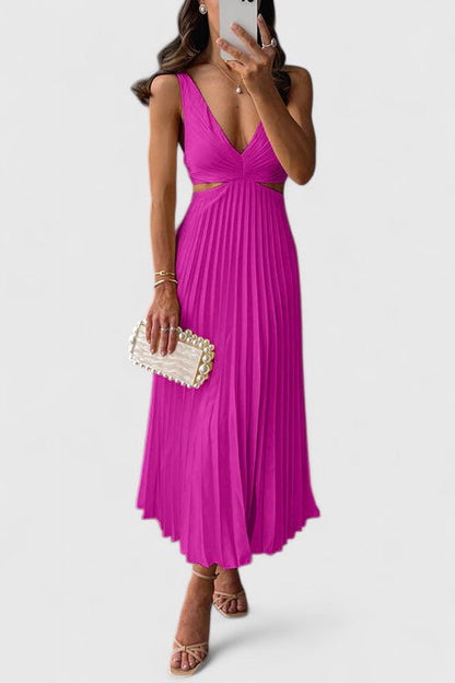 Pink - A woman wearing a pale yellow pleated satin midi dress with a plunging V-neckline and side waist cutouts, holding a pearl-embellished clutch.