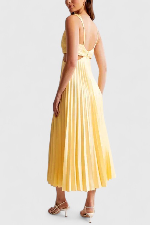 Pink - A woman wearing a pale yellow pleated satin midi dress with a plunging V-neckline and side waist cutouts, holding a pearl-embellished clutch.
