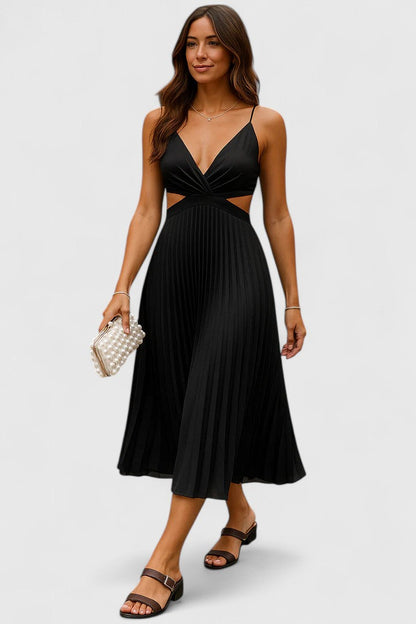 Black - A woman wearing a pale yellow pleated satin midi dress with a plunging V-neckline and side waist cutouts, holding a pearl-embellished clutch.