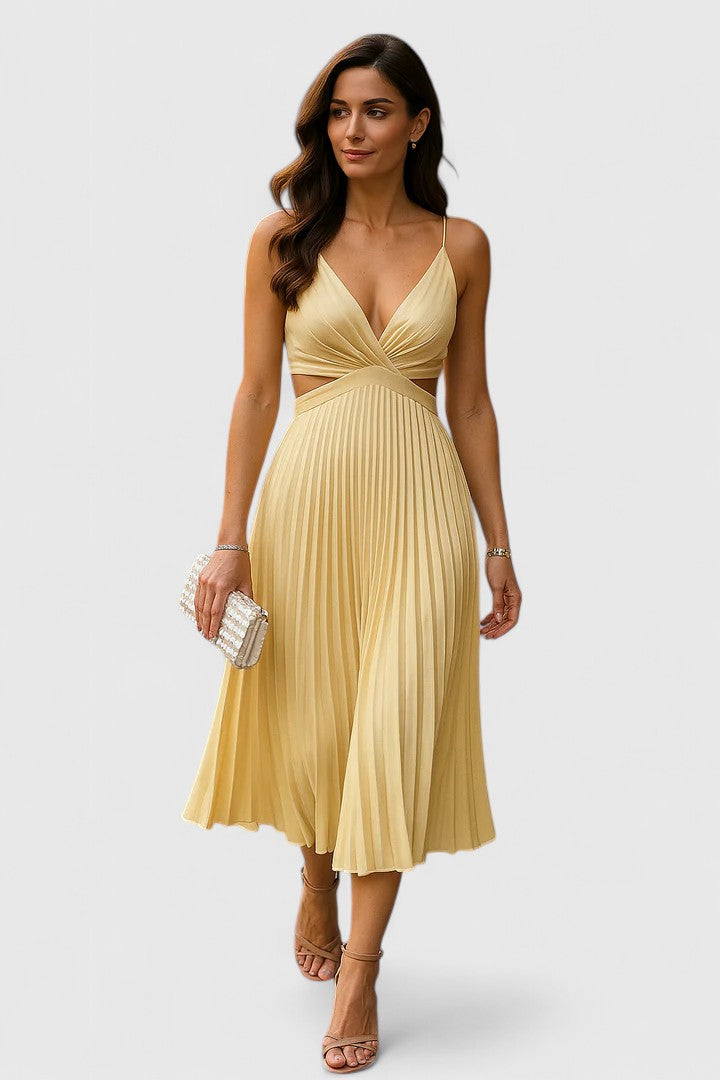 Yellow - A woman wearing a pale yellow pleated satin midi dress with a plunging V-neckline and side waist cutouts, holding a pearl-embellished clutch.