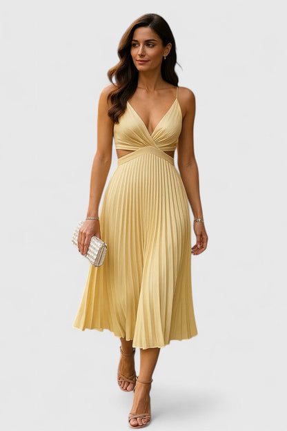 Yellow - A woman wearing a pale yellow pleated satin midi dress with a plunging V-neckline and side waist cutouts, holding a pearl-embellished clutch.