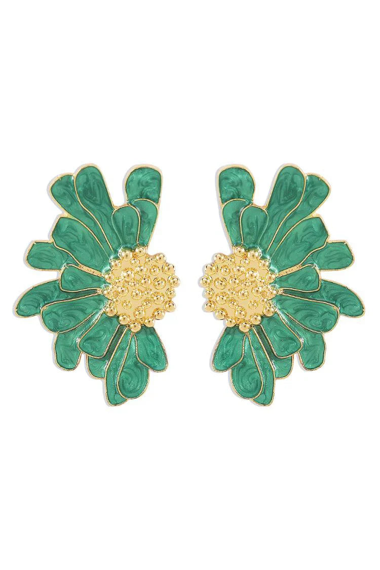 Close up of green enamel flower earring with gold plated center