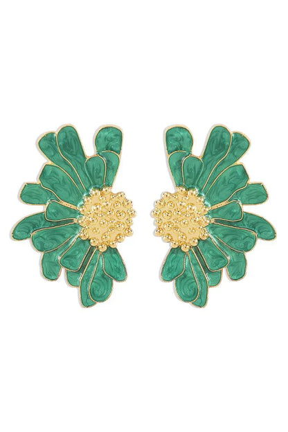 Close up of green enamel flower earring with gold plated center