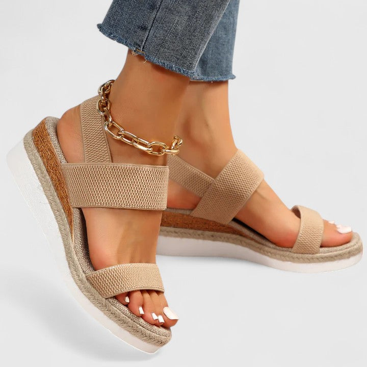 Brown - Women's open-toe wedge sandals featuring stretch-fabric straps and a braided jute-trim midsole