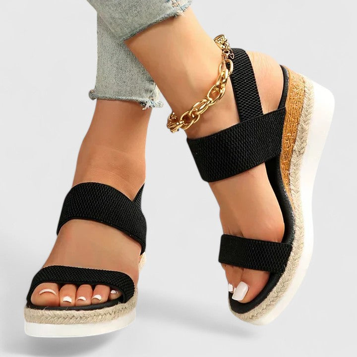 Brown - Women's open-toe wedge sandals featuring stretch-fabric straps and a braided jute-trim midsole