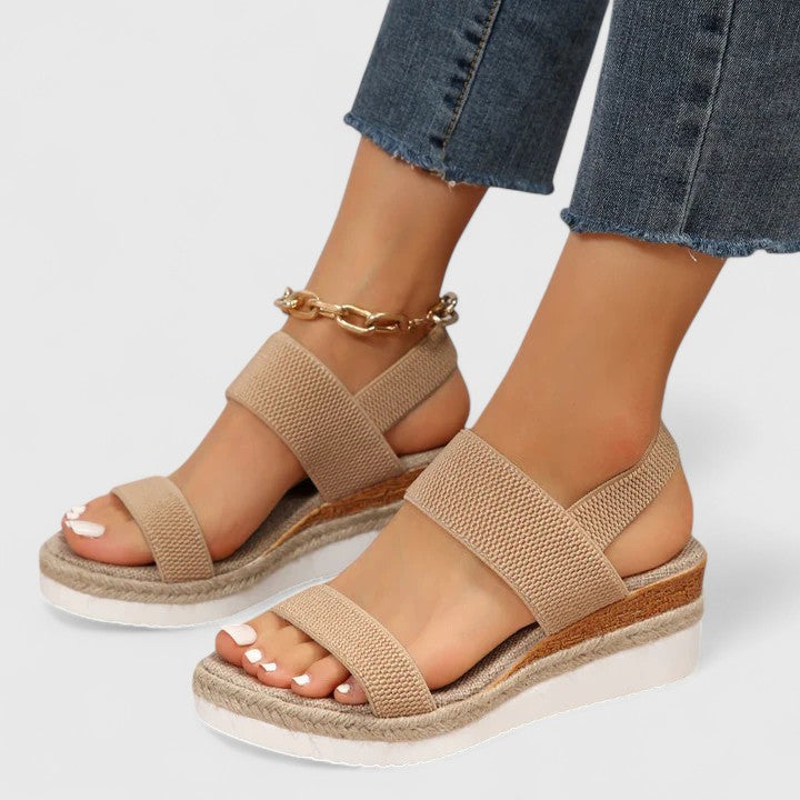Brown - Women's open-toe wedge sandals featuring stretch-fabric straps and a braided jute-trim midsole