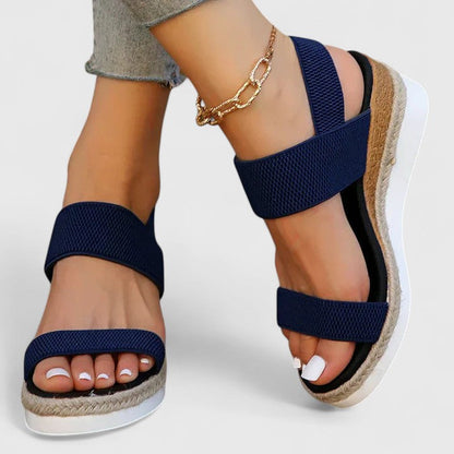 Brown - Women's open-toe wedge sandals featuring stretch-fabric straps and a braided jute-trim midsole