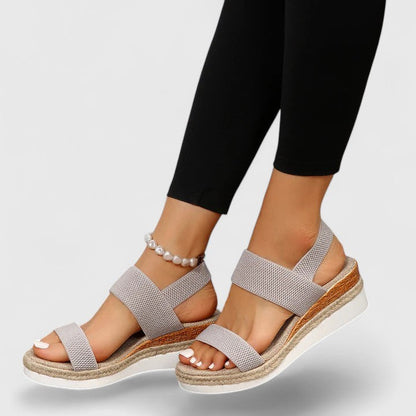 Gray - Women's open-toe wedge sandals featuring stretch-fabric straps and a braided jute-trim midsole