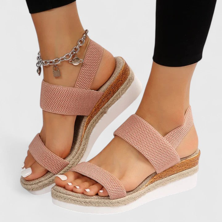 Pink - Women's open-toe wedge sandals featuring stretch-fabric straps and a braided jute-trim midsole