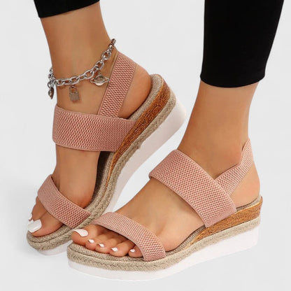 Pink - Women's open-toe wedge sandals featuring stretch-fabric straps and a braided jute-trim midsole