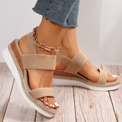 Brown (Almost sold out) - Women's open-toe platform sandals featuring wide stretch-fabric straps, a cushioned footbed, and a layered sole with jute-trim detailing.