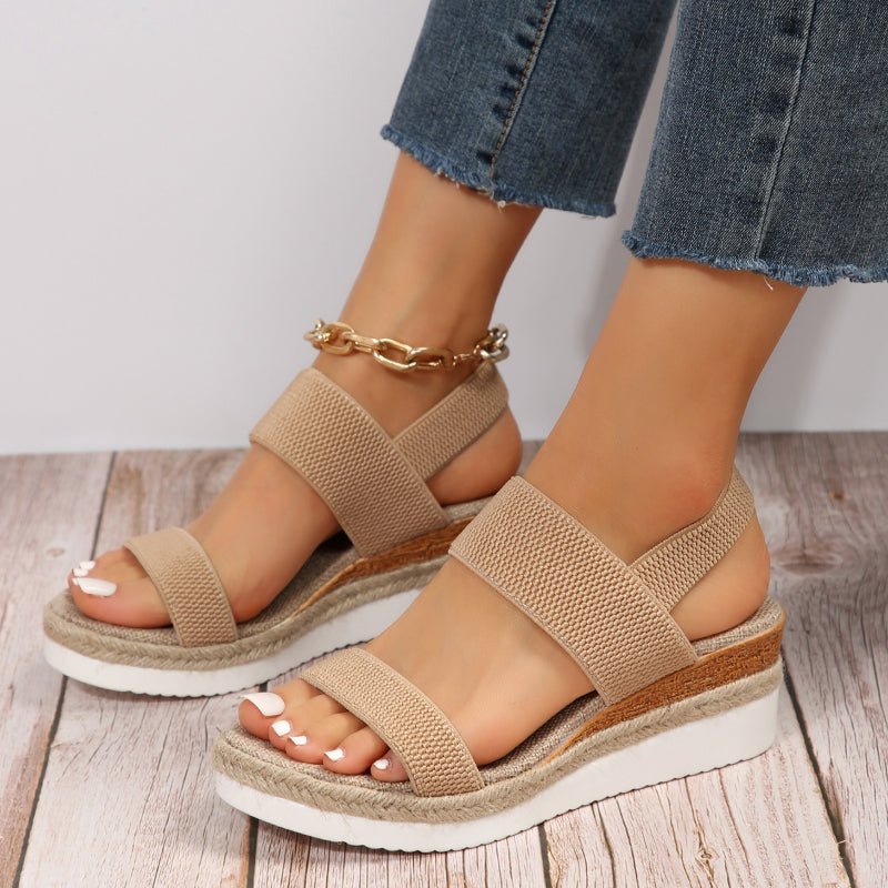 Brown (Almost sold out) - Women's open-toe platform sandals featuring wide stretch-fabric straps, a cushioned footbed, and a layered sole with jute-trim detailing.