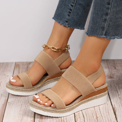Brown (Almost sold out) - Women's open-toe platform sandals featuring wide stretch-fabric straps, a cushioned footbed, and a layered sole with jute-trim detailing.