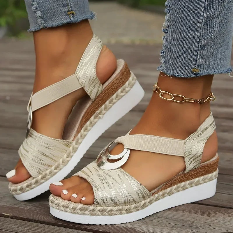 Gray - Women's open-toe platform sandals featuring stretch-fabric straps, a central metallic ring detail, and a jute-trimmed shock-absorbing sole.