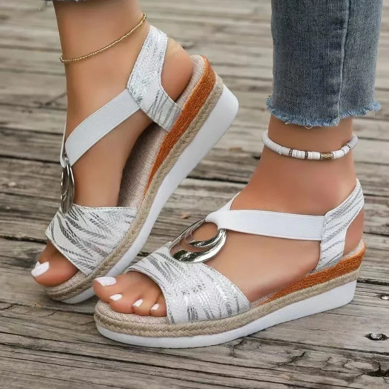 White - Women's open-toe platform sandals featuring stretch-fabric straps, a central metallic ring detail, and a jute-trimmed shock-absorbing sole.