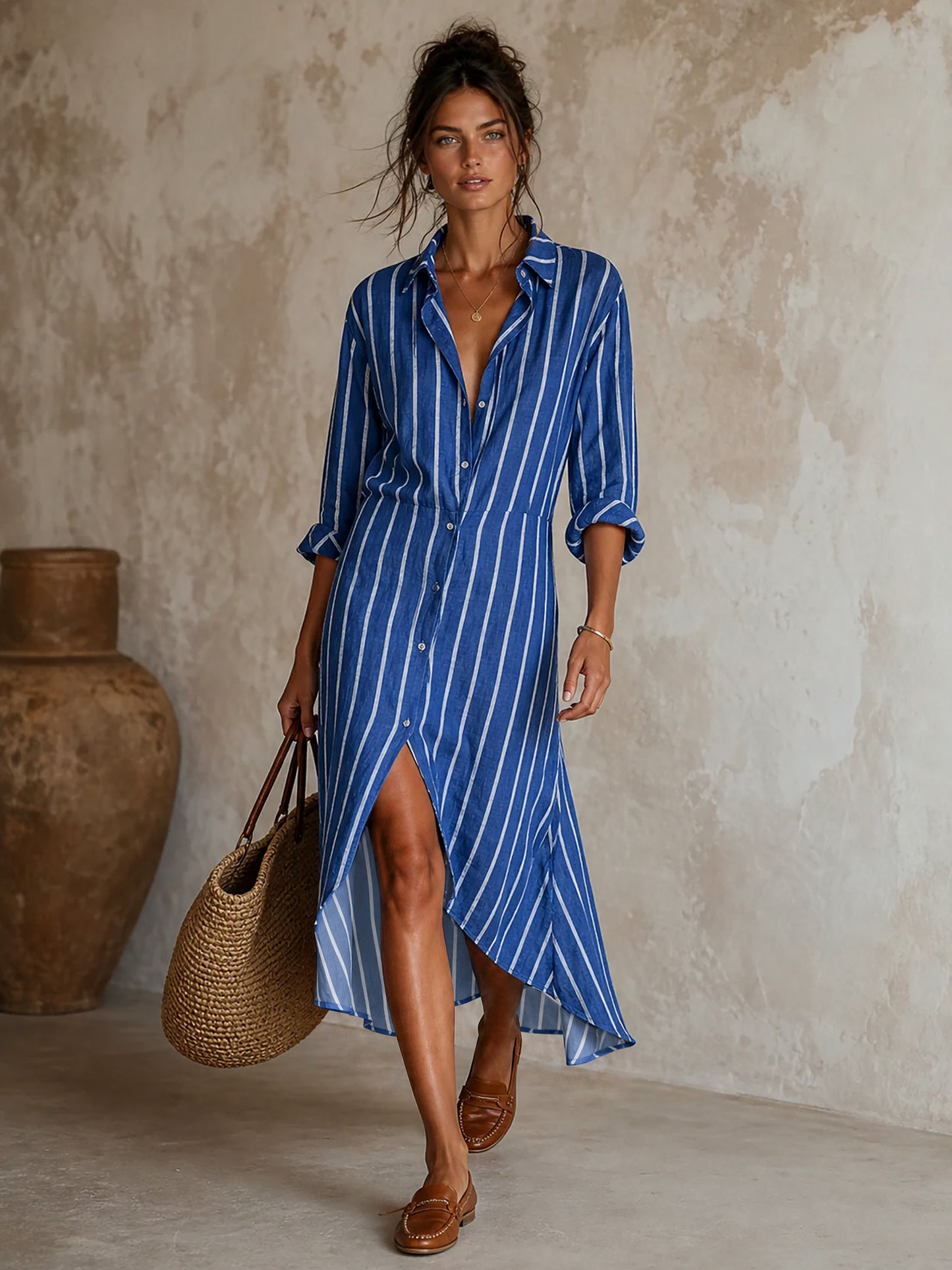Striped Button Front Shirt Dress