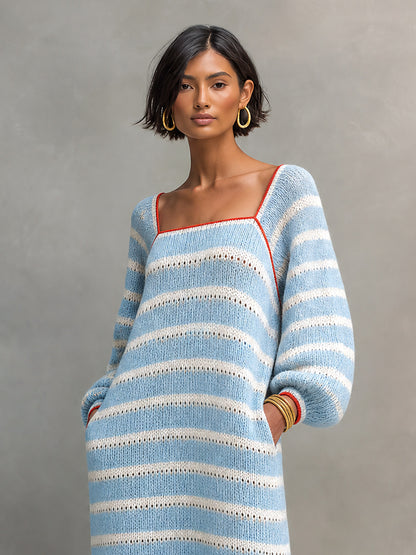Striped Knit Square Neck Maxi Dress