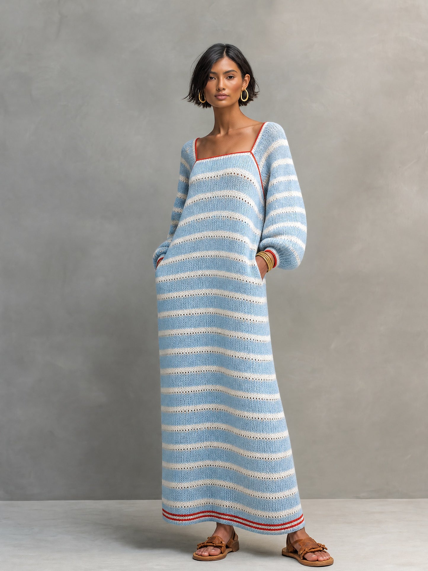 Striped Knit Square Neck Maxi Dress