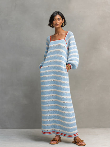 Striped Knit Square Neck Maxi Dress
