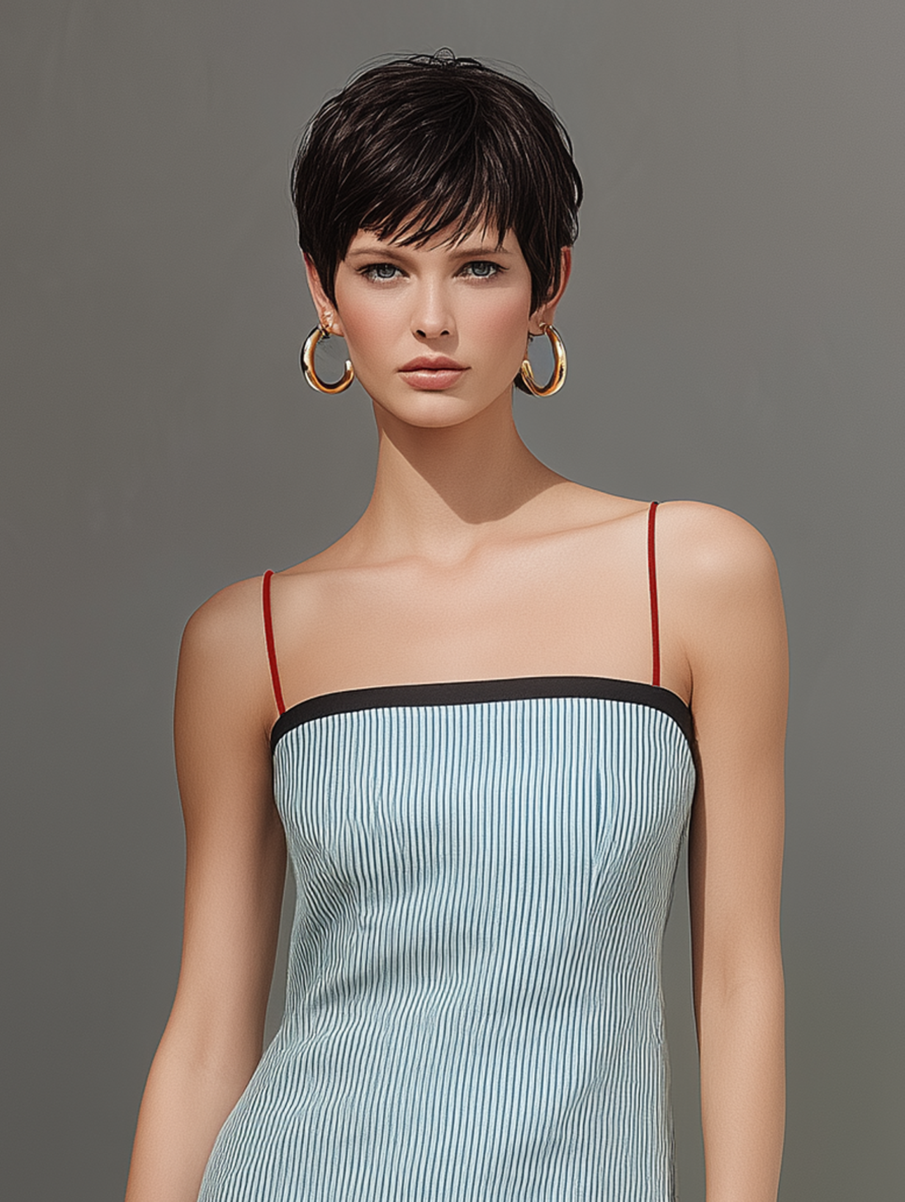 Photo Color - Model wearing a striped mini dress with spaghetti straps and contrast binding on a studio background with dramatic shadows.