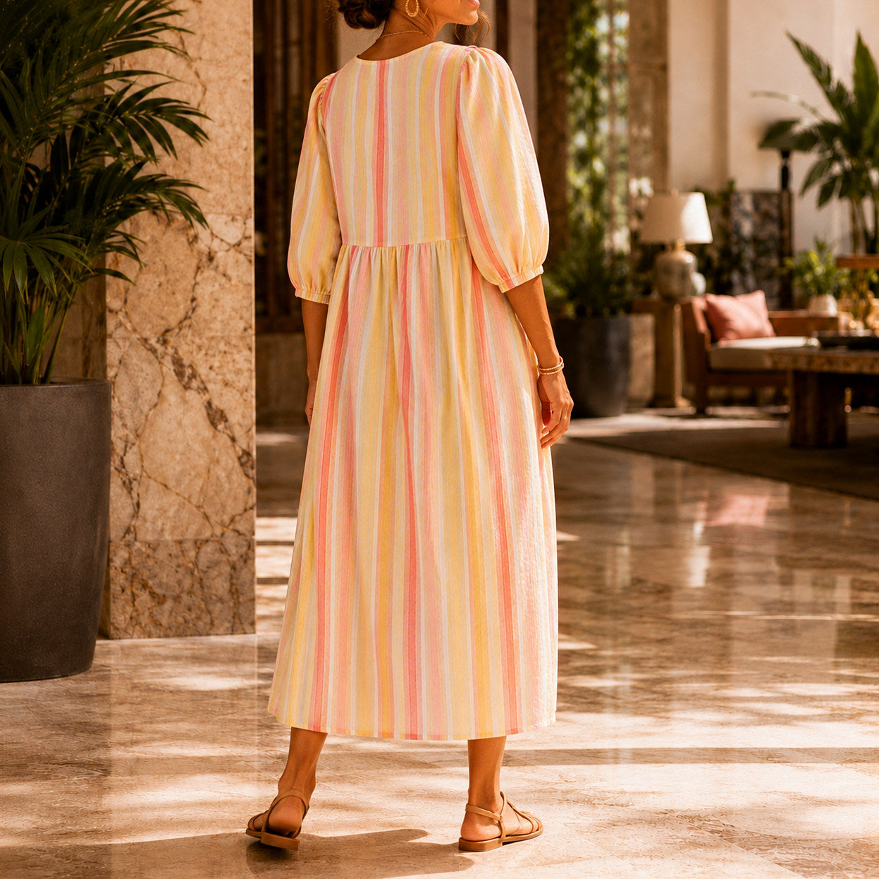 Striped Puff Sleeve Maxi Dress