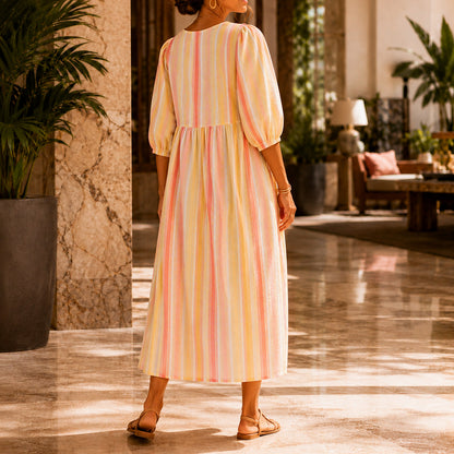 Striped Puff Sleeve Maxi Dress