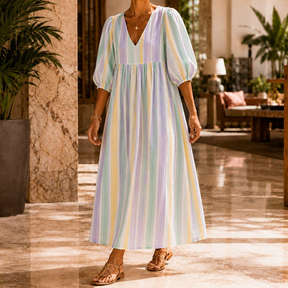 Striped Puff Sleeve Maxi Dress