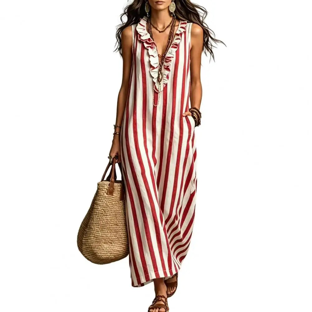 Red - Women's sleeveless maxi sundress featuring a vertical striped pattern, deep v-neckline with ruffle trim, and side pockets
