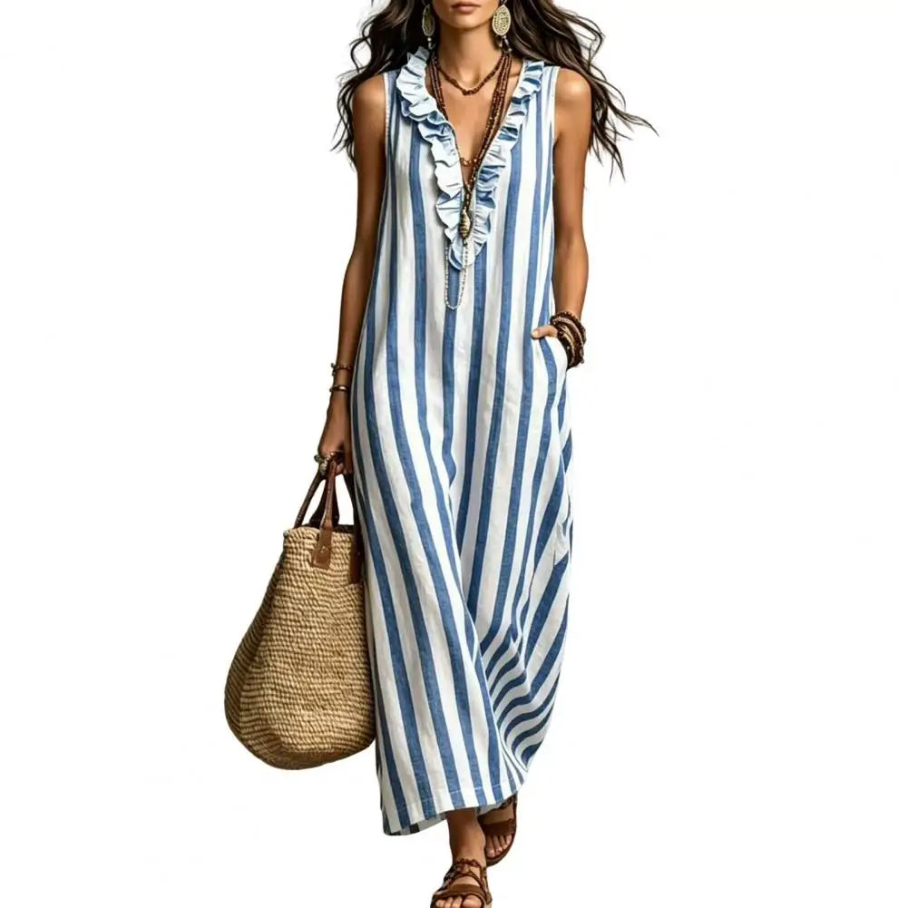 Blue - Women's sleeveless maxi sundress featuring a vertical striped pattern, deep v-neckline with ruffle trim, and side pockets