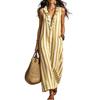 Yellow - Women's sleeveless maxi sundress featuring a vertical striped pattern, deep v-neckline with ruffle trim, and side pockets