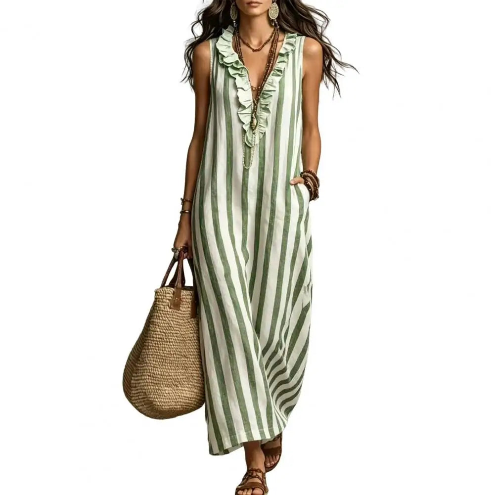 Green - Women's sleeveless maxi sundress featuring a vertical striped pattern, deep v-neckline with ruffle trim, and side pockets