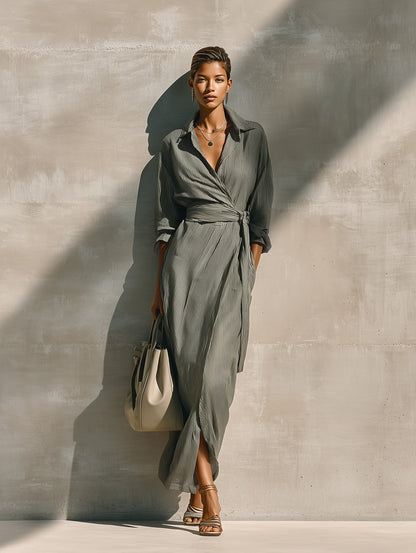 Striped Tie Waist Wrap Maxi Dress