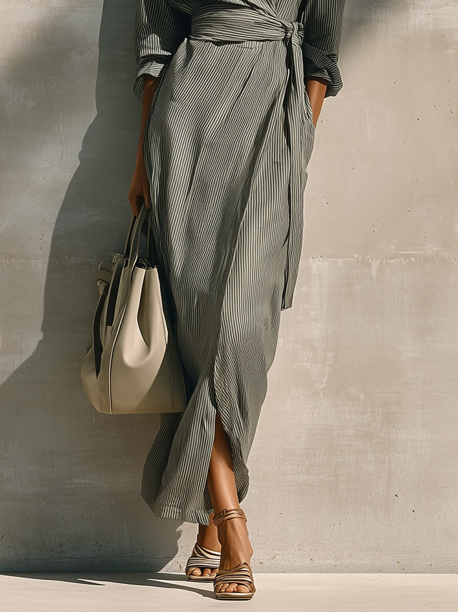 Striped Tie Waist Wrap Maxi Dress