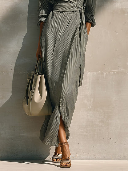 Striped Tie Waist Wrap Maxi Dress