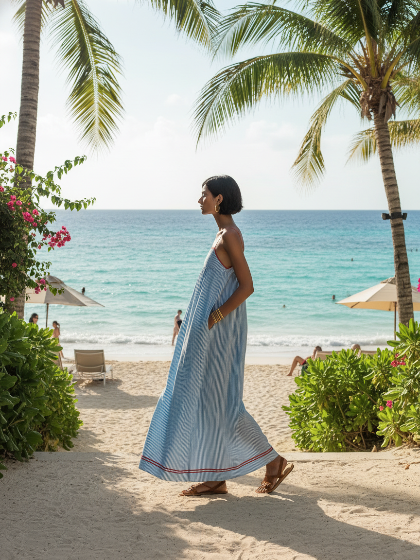 Blue - Model wearing a relaxed fit striped maxi dress with thin contrast straps and side pockets.