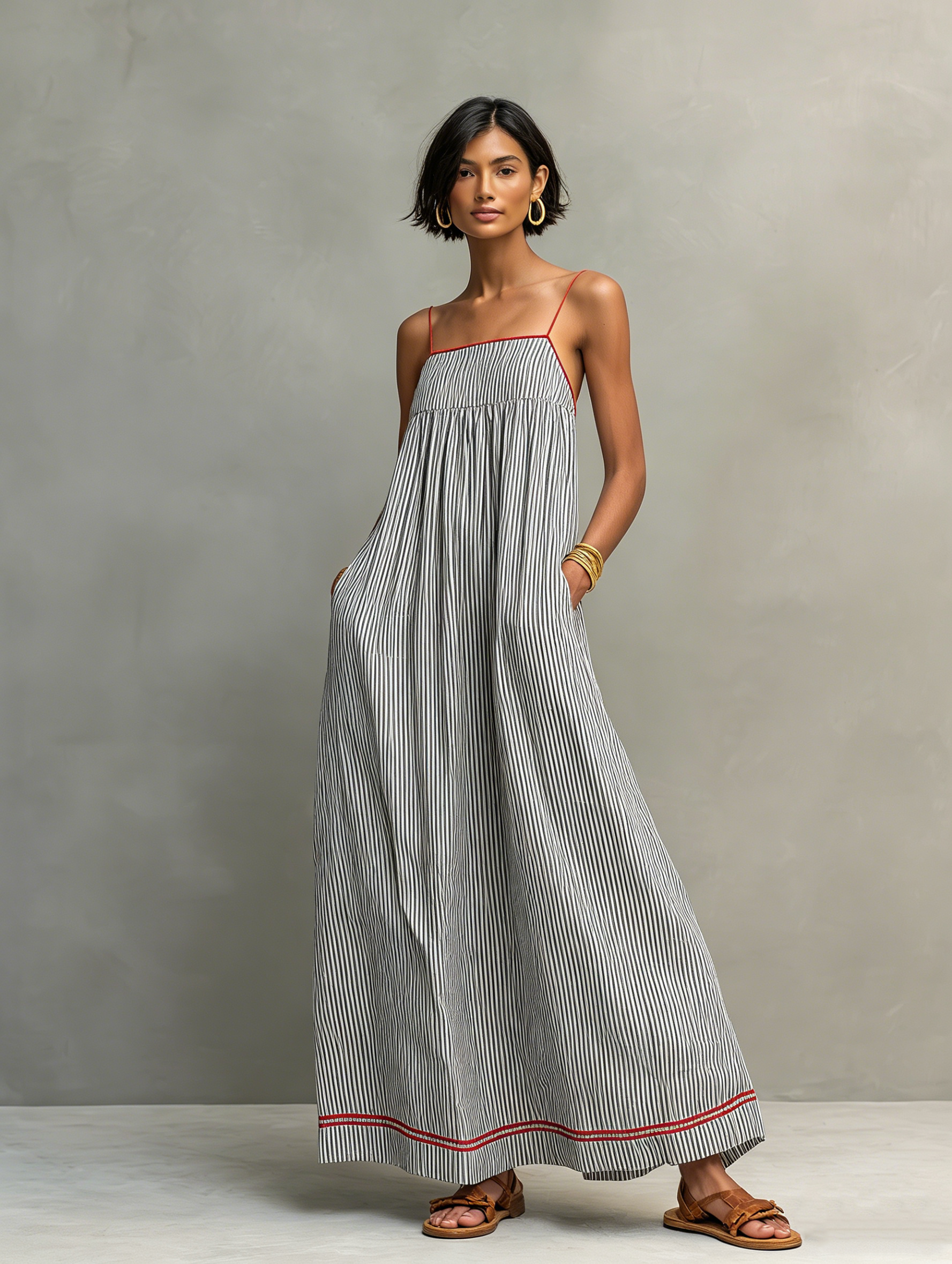 Black - Model wearing a relaxed fit striped maxi dress with thin contrast straps and side pockets.