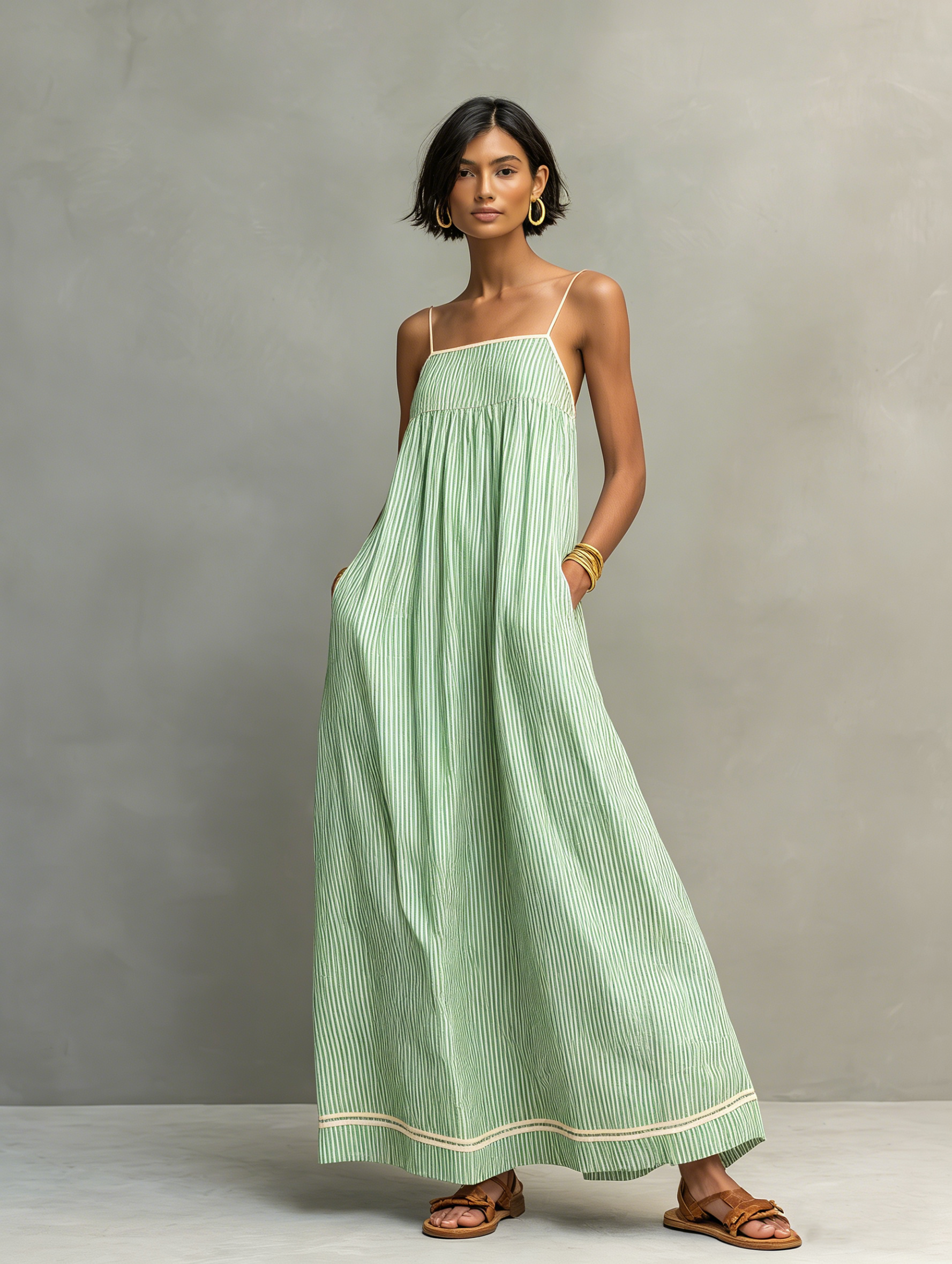 Green - Model wearing a relaxed fit striped maxi dress with thin contrast straps and side pockets.