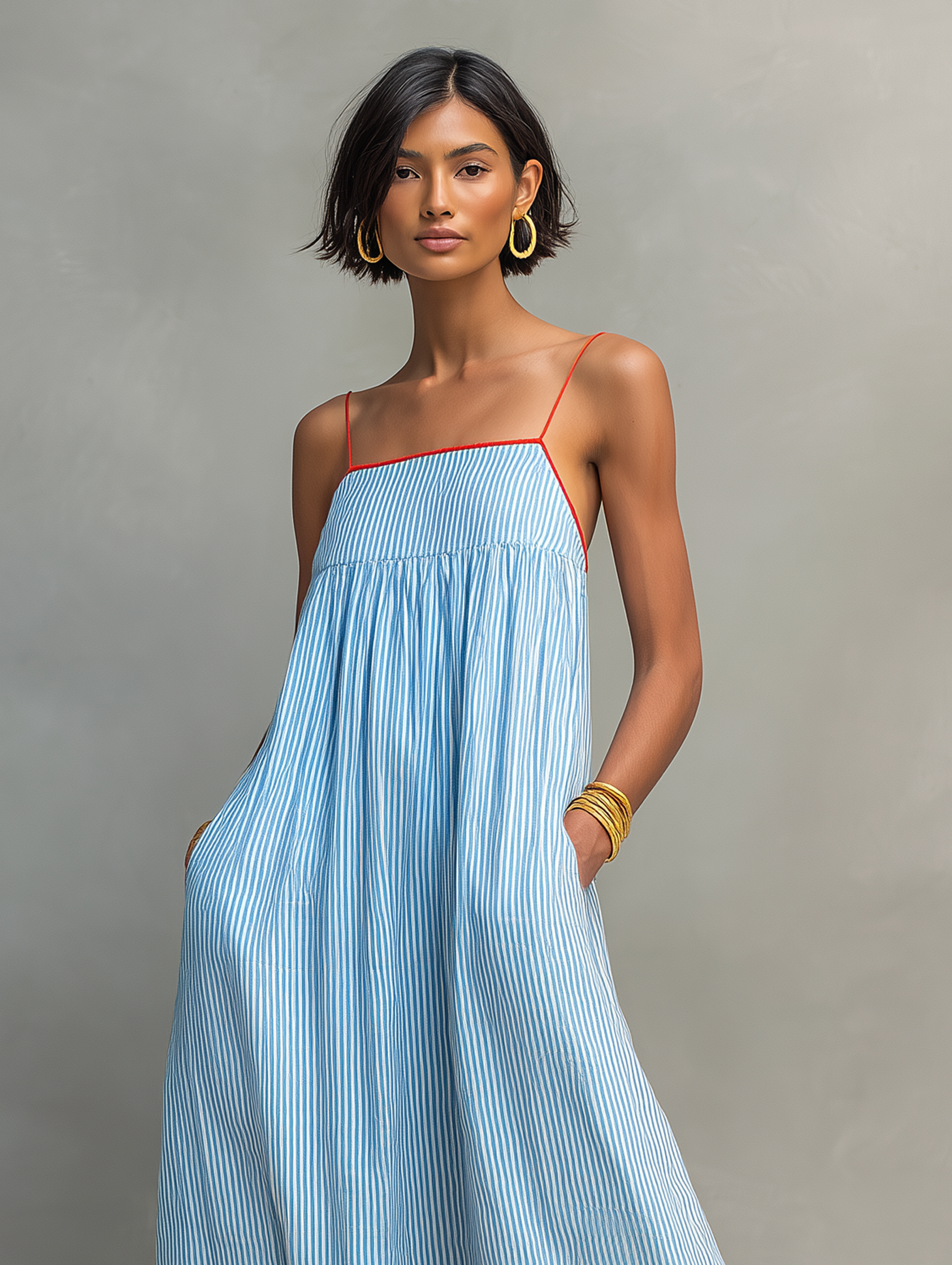 Green - Model wearing a relaxed fit striped maxi dress with thin contrast straps and side pockets.