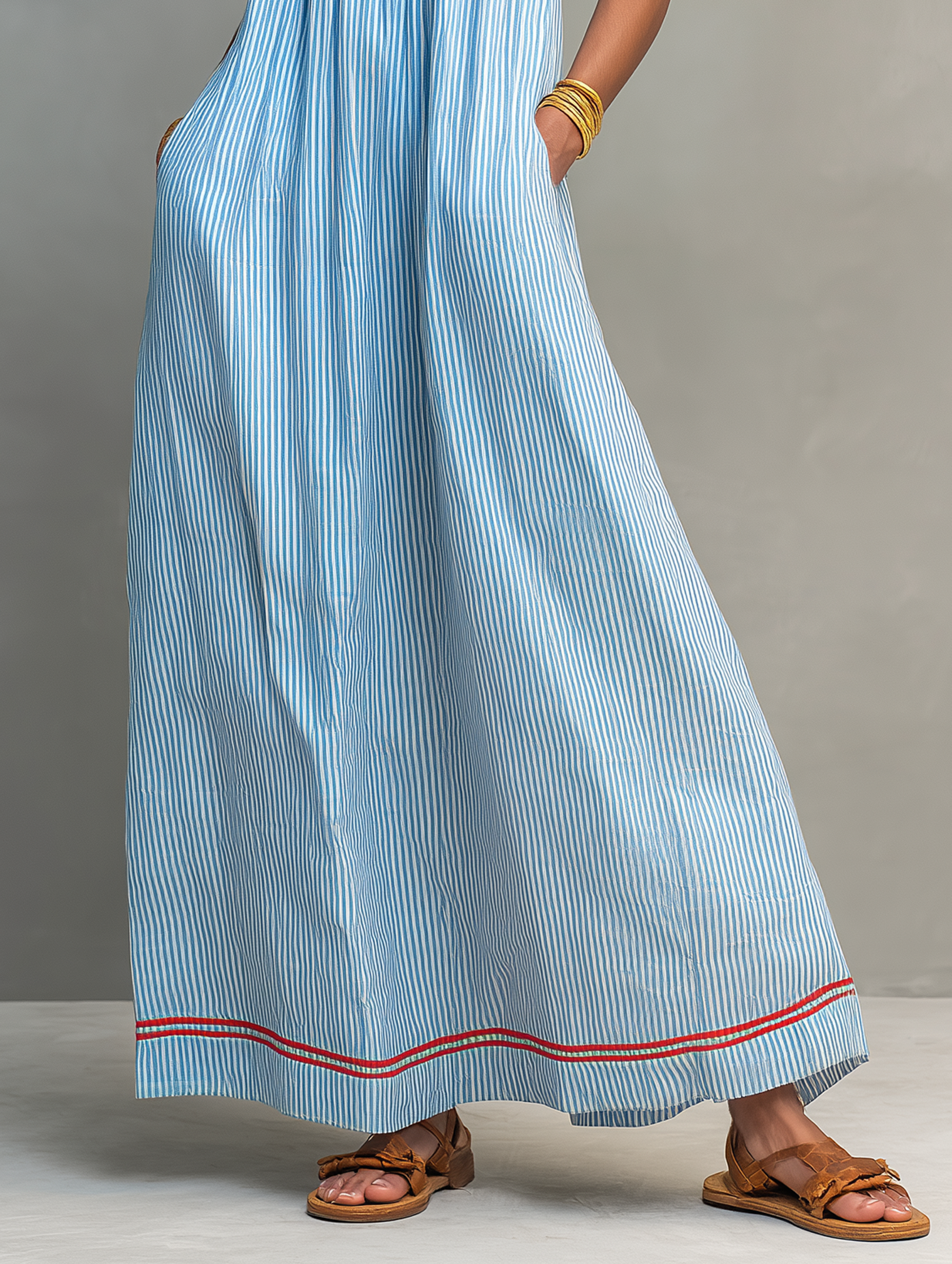 Green - Model wearing a relaxed fit striped maxi dress with thin contrast straps and side pockets.