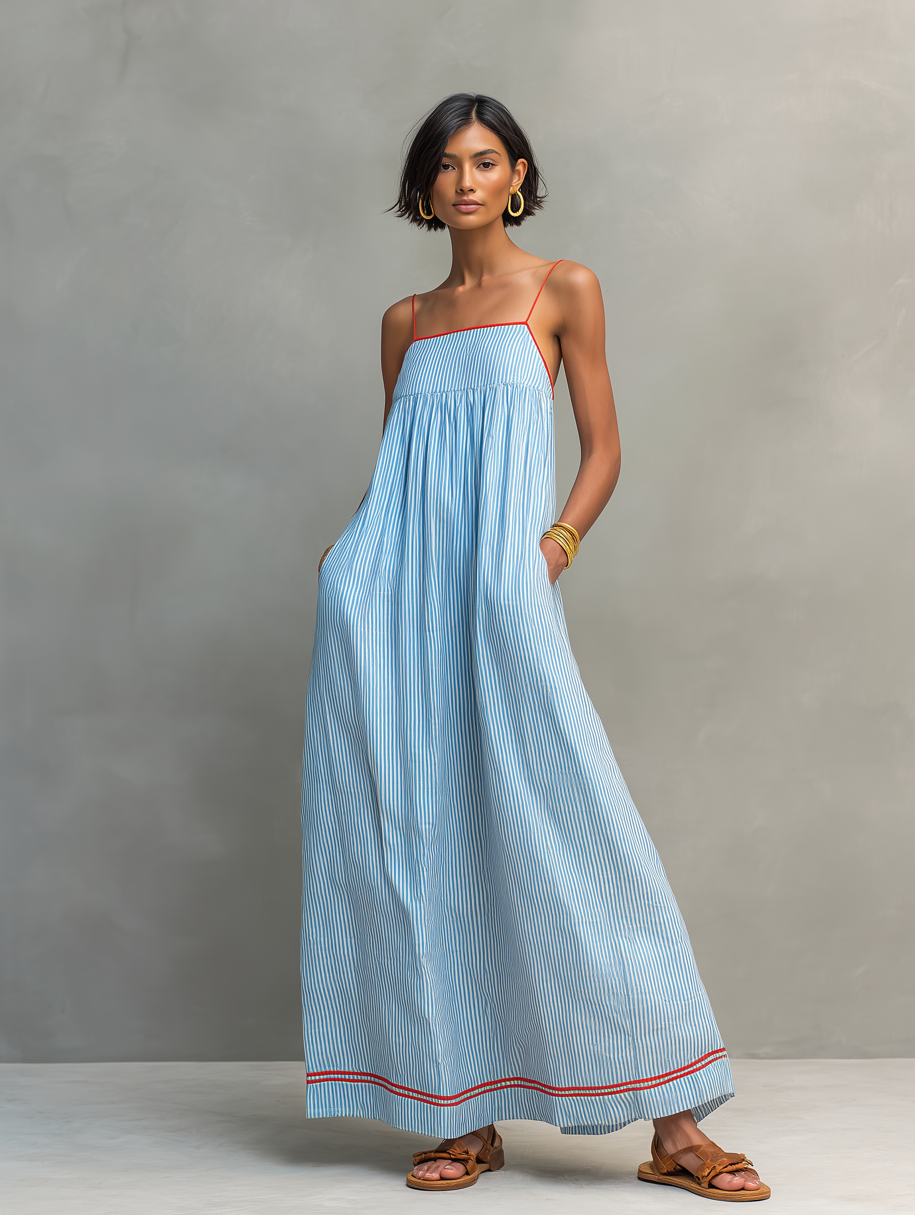 Green - Model wearing a relaxed fit striped maxi dress with thin contrast straps and side pockets.